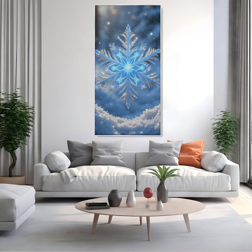 Tablou canvas cu tablou vertical cu fulg de zapada, in rama de aluminiu argintiu, pe perete intr-un living